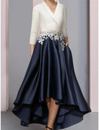 NumberSea - A - Line Mother of the Bride Dress Wedding Guest Elegant V Neck Asymmetrical Satin Lace 3/4 Length Sleeve with Ruching