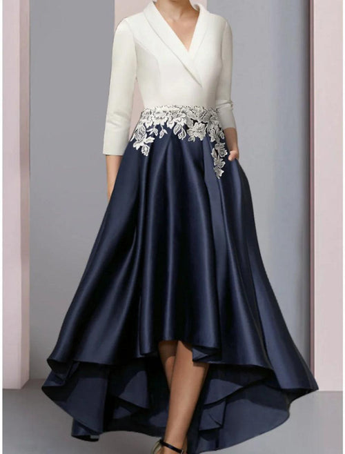 NumberSea - A - Line Mother of the Bride Dress Wedding Guest Elegant V Neck Asymmetrical Satin Lace 3/4 Length Sleeve with Ruching