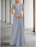 NumberSea - A - Line Mother of the Bride Dress Wedding Guest Elegant V Neck Floor Length Chiffon Lace Short Sleeve with Ruching Solid Color