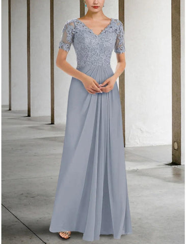 NumberSea - A - Line Mother of the Bride Dress Wedding Guest Elegant V Neck Floor Length Chiffon Lace Short Sleeve with Ruching Solid Color