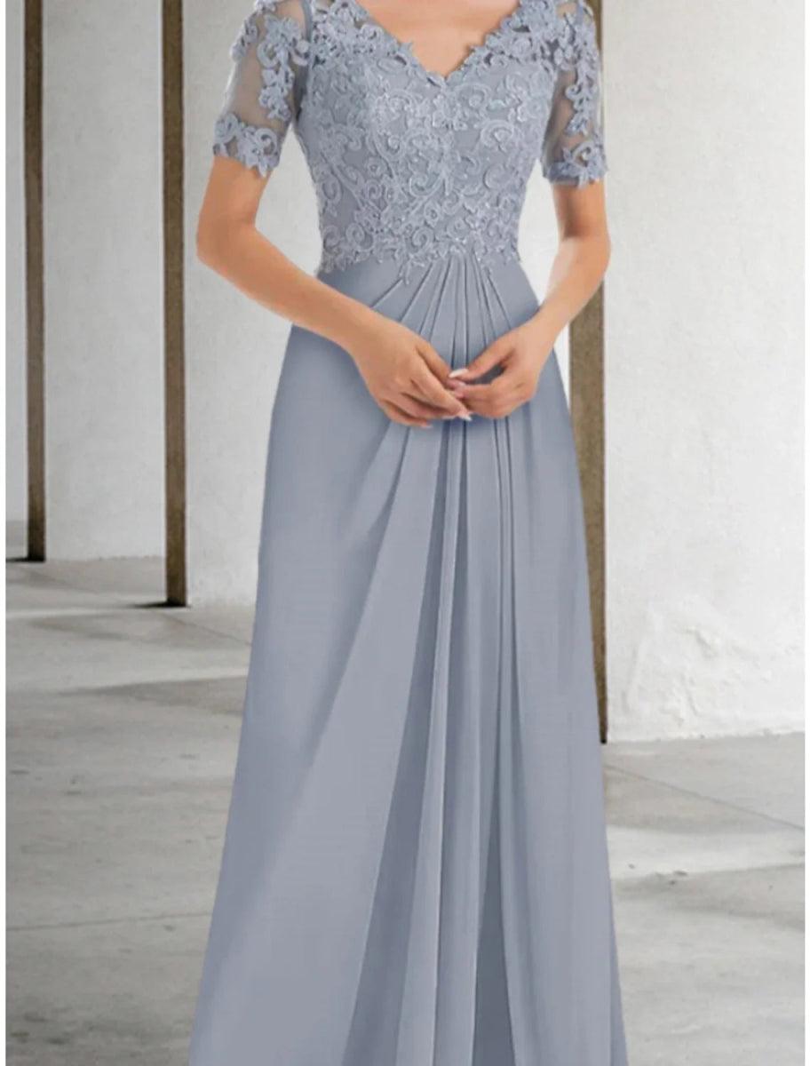 NumberSea - A - Line Mother of the Bride Dress Wedding Guest Elegant V Neck Floor Length Chiffon Lace Short Sleeve with Ruching Solid Color