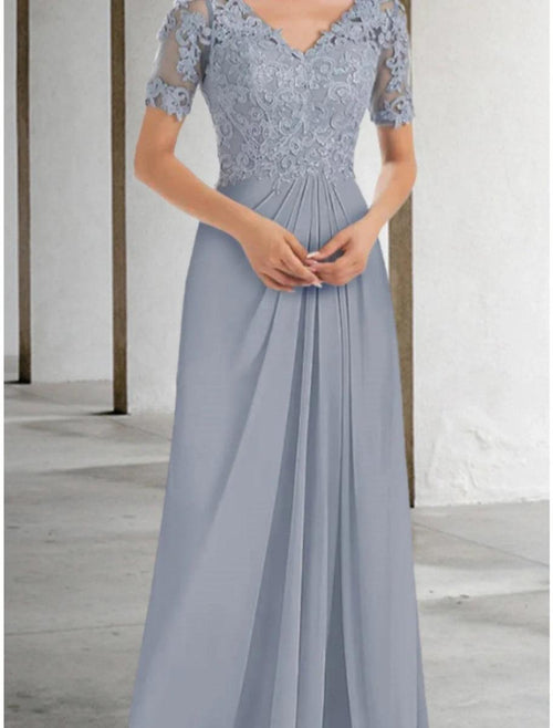 NumberSea - A - Line Mother of the Bride Dress Wedding Guest Elegant V Neck Floor Length Chiffon Lace Short Sleeve with Ruching Solid Color