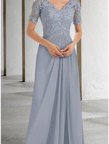 NumberSea - A - Line Mother of the Bride Dress Wedding Guest Elegant V Neck Floor Length Chiffon Lace Short Sleeve with Ruching Solid Color