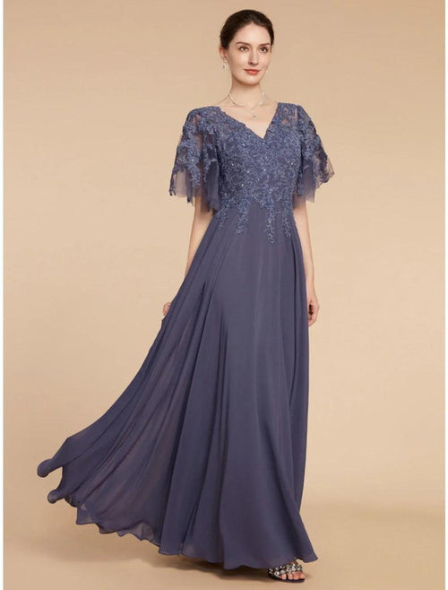 NumberSea - A - Line Mother of the Bride Dress Wedding Guest Elegant V Neck Floor Length Chiffon Lace Short Sleeve with Sequin Ruching Solid Color