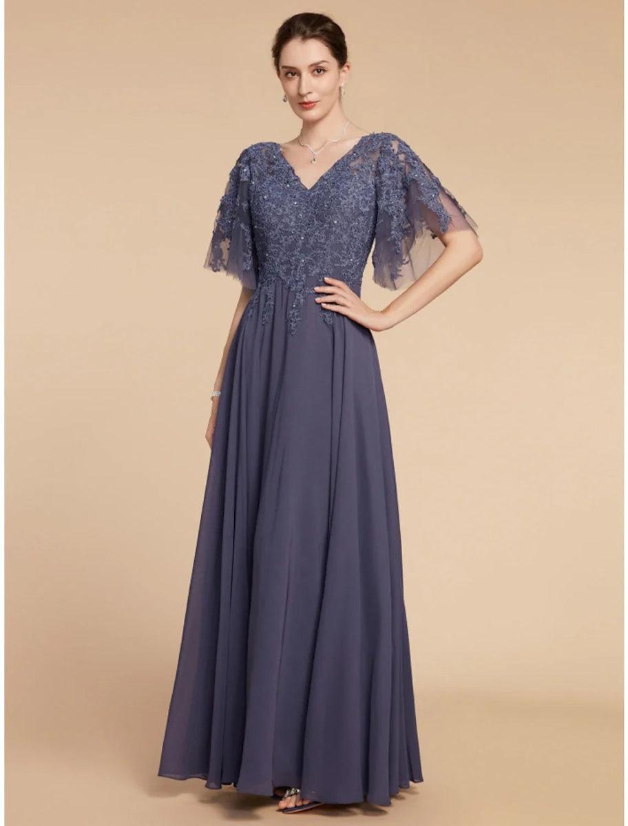 NumberSea - A - Line Mother of the Bride Dress Wedding Guest Elegant V Neck Floor Length Chiffon Lace Short Sleeve with Sequin Ruching Solid Color