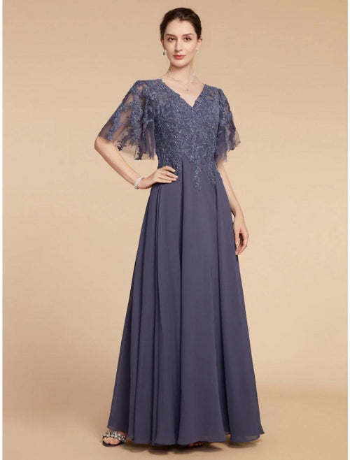 NumberSea - A - Line Mother of the Bride Dress Wedding Guest Elegant V Neck Floor Length Chiffon Lace Short Sleeve with Sequin Ruching Solid Color