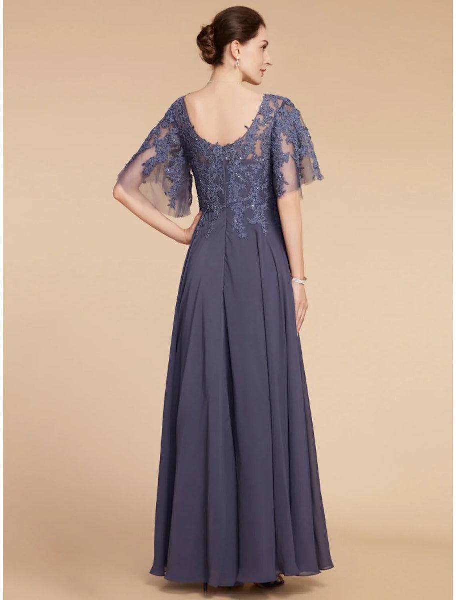 NumberSea - A - Line Mother of the Bride Dress Wedding Guest Elegant V Neck Floor Length Chiffon Lace Short Sleeve with Sequin Ruching Solid Color