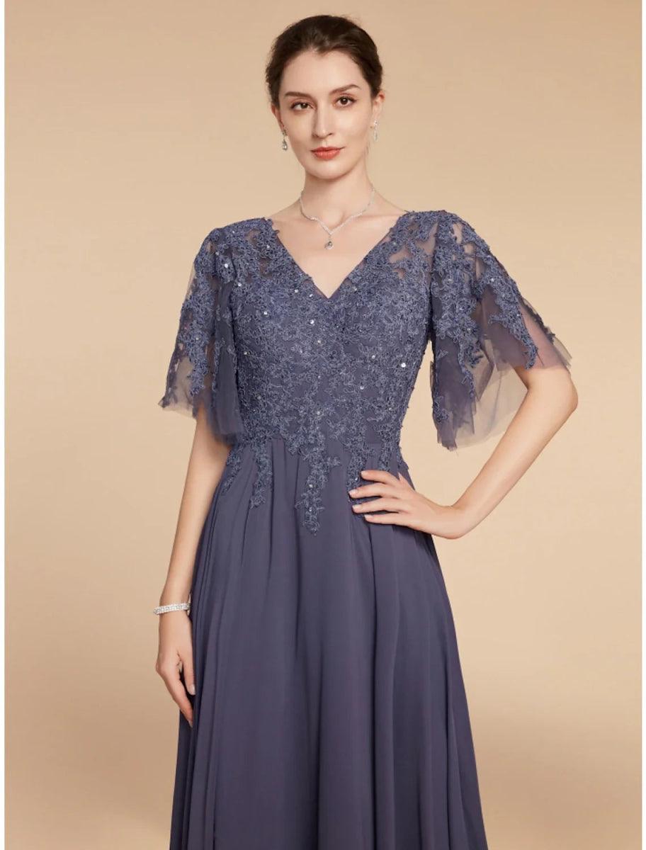NumberSea - A - Line Mother of the Bride Dress Wedding Guest Elegant V Neck Floor Length Chiffon Lace Short Sleeve with Sequin Ruching Solid Color