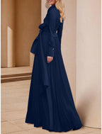 NumberSea - A - Line Mother of the Bride Dress Wedding Guest Elegant V Neck Floor Length Stretch Chiffon Long Sleeve with Bow(s) Ruching Solid Color