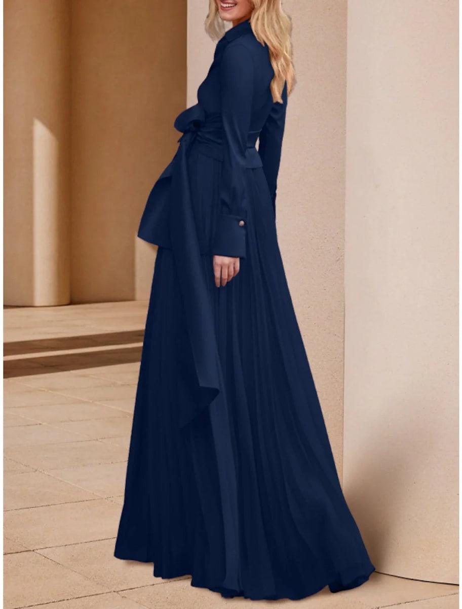 NumberSea - A - Line Mother of the Bride Dress Wedding Guest Elegant V Neck Floor Length Stretch Chiffon Long Sleeve with Bow(s) Ruching Solid Color