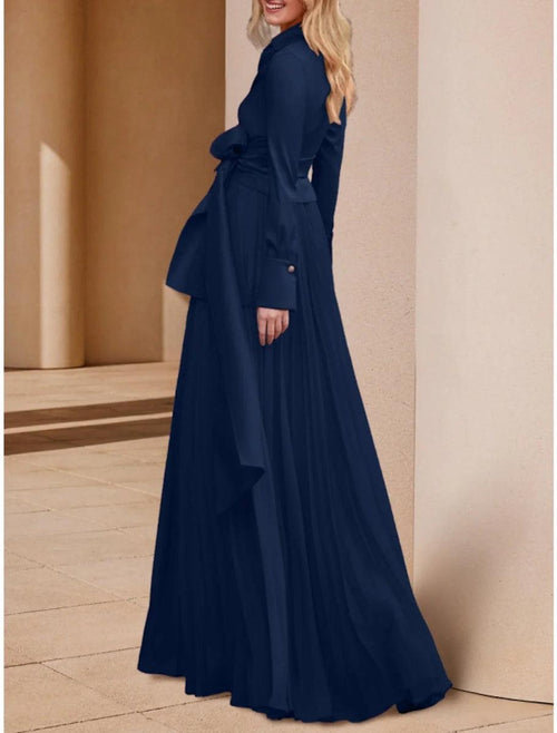 NumberSea - A - Line Mother of the Bride Dress Wedding Guest Elegant V Neck Floor Length Stretch Chiffon Long Sleeve with Bow(s) Ruching Solid Color