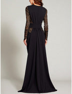 NumberSea - A - Line Mother of the Bride Dress Wedding Guest Elegant V Neck Floor Length Stretch Chiffon Long Sleeve with Lace Split Front