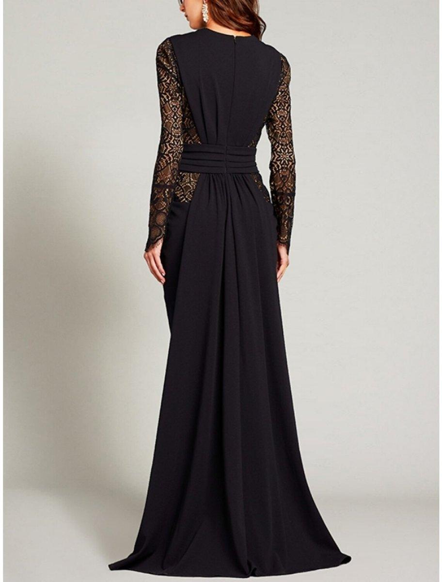 NumberSea - A - Line Mother of the Bride Dress Wedding Guest Elegant V Neck Floor Length Stretch Chiffon Long Sleeve with Lace Split Front