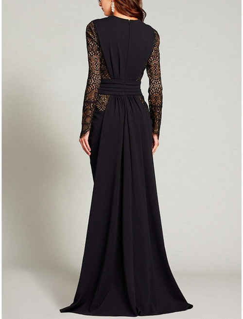 NumberSea - A - Line Mother of the Bride Dress Wedding Guest Elegant V Neck Floor Length Stretch Chiffon Long Sleeve with Lace Split Front
