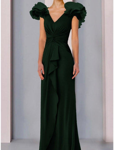 NumberSea - A - Line Mother of the Bride Dress Wedding Guest Elegant V Neck Floor Length Stretch Fabric Short Sleeve with Ruffles Ruching Solid Color