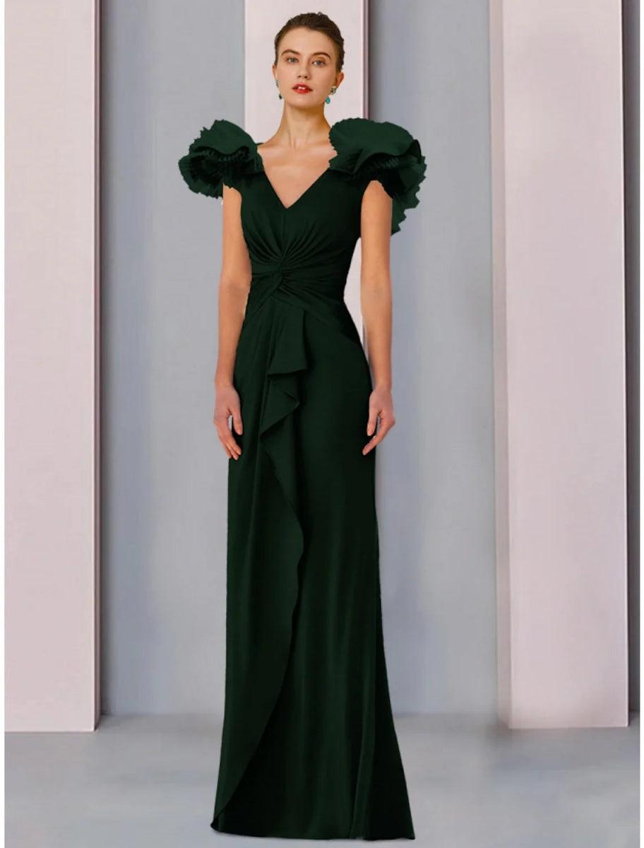 NumberSea - A - Line Mother of the Bride Dress Wedding Guest Elegant V Neck Floor Length Stretch Fabric Short Sleeve with Ruffles Ruching Solid Color