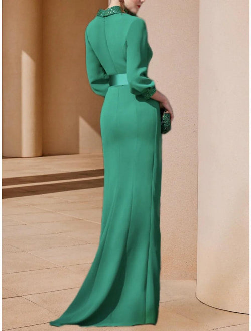 NumberSea - A - Line Mother of the Bride Dress Wedding Guest Elegant V Neck Sweep / Brush Train Stretch Chiffon 3/4 Length Sleeve with Sequin Ruching