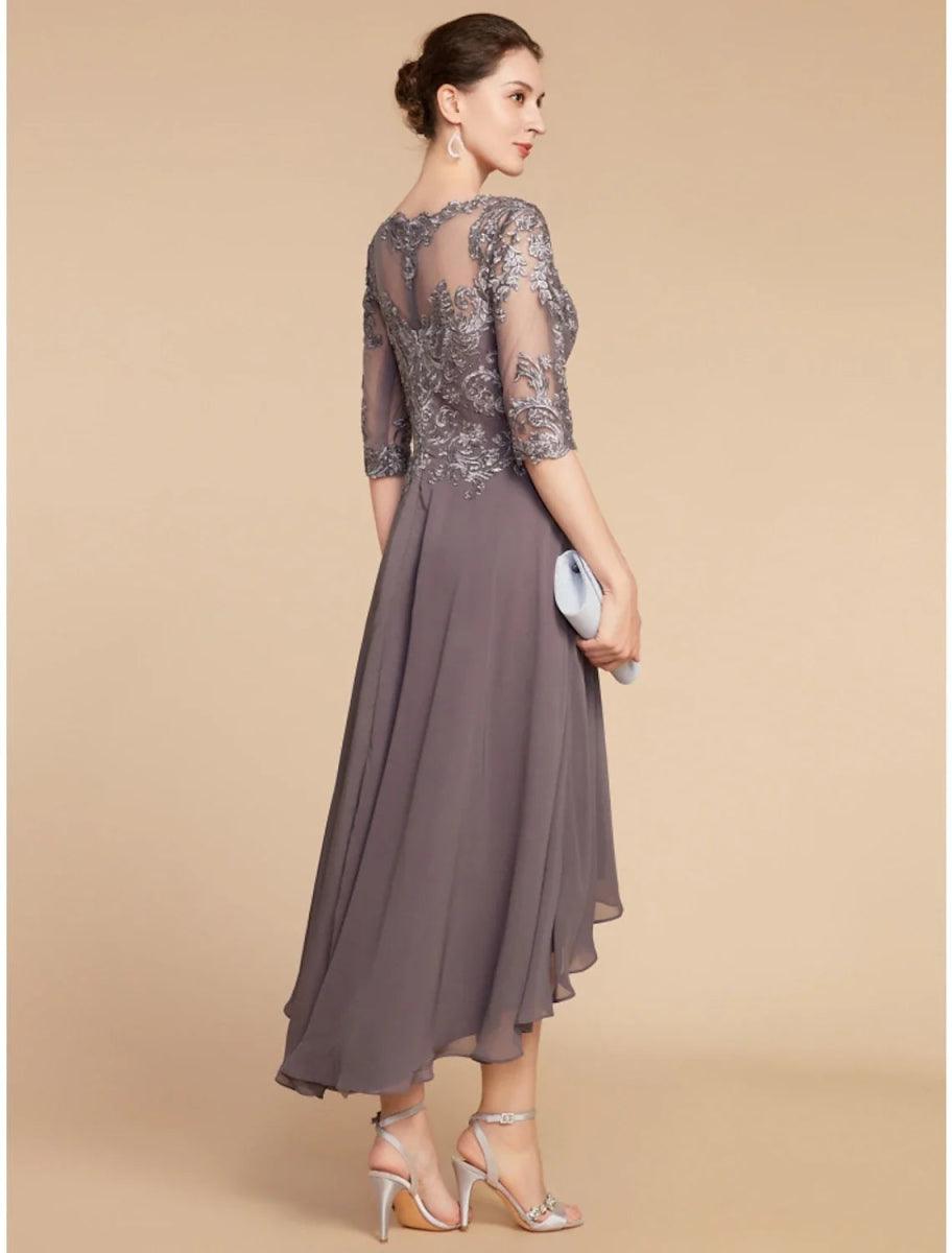 NumberSea - A - Line Mother of the Bride Dress Wedding Guest Elegant Vintage Scoop Neck Asymmetrical Chiffon Lace Half Sleeve with Ruching Solid Color