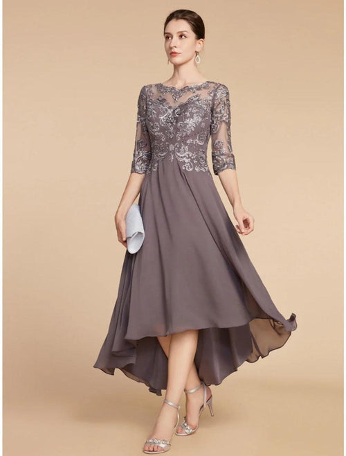 NumberSea - A - Line Mother of the Bride Dress Wedding Guest Elegant Vintage Scoop Neck Asymmetrical Chiffon Lace Half Sleeve with Ruching Solid Color