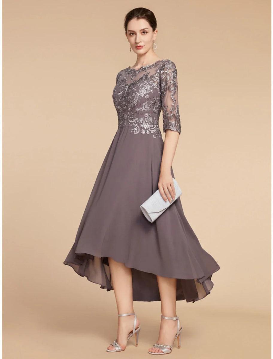 NumberSea - A - Line Mother of the Bride Dress Wedding Guest Elegant Vintage Scoop Neck Asymmetrical Chiffon Lace Half Sleeve with Ruching Solid Color