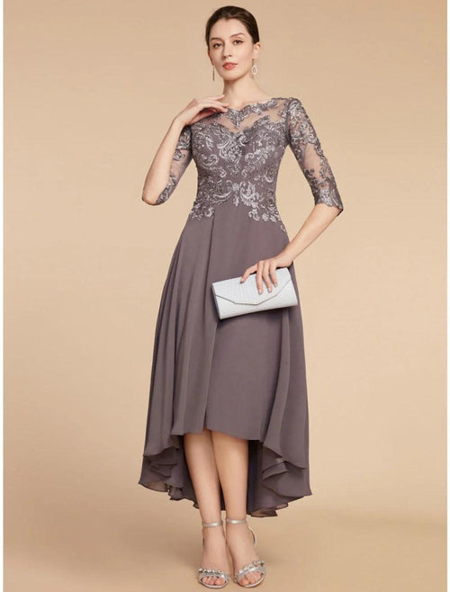 NumberSea - A - Line Mother of the Bride Dress Wedding Guest Elegant Vintage Scoop Neck Asymmetrical Chiffon Lace Half Sleeve with Ruching Solid Color