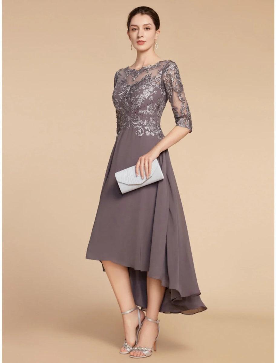 NumberSea - A - Line Mother of the Bride Dress Wedding Guest Elegant Vintage Scoop Neck Asymmetrical Chiffon Lace Half Sleeve with Ruching Solid Color
