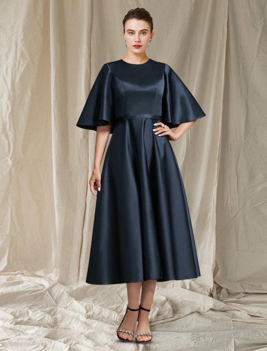 NumberSea - A - Line Mother of the Bride Dress Wedding Guest Minimalist Elegant Jewel Neck Tea Length Satin Half Sleeve with Pleats Solid Color