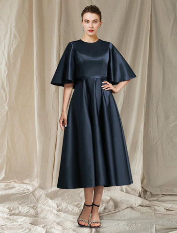 NumberSea - A - Line Mother of the Bride Dress Wedding Guest Minimalist Elegant Jewel Neck Tea Length Satin Half Sleeve with Pleats Solid Color