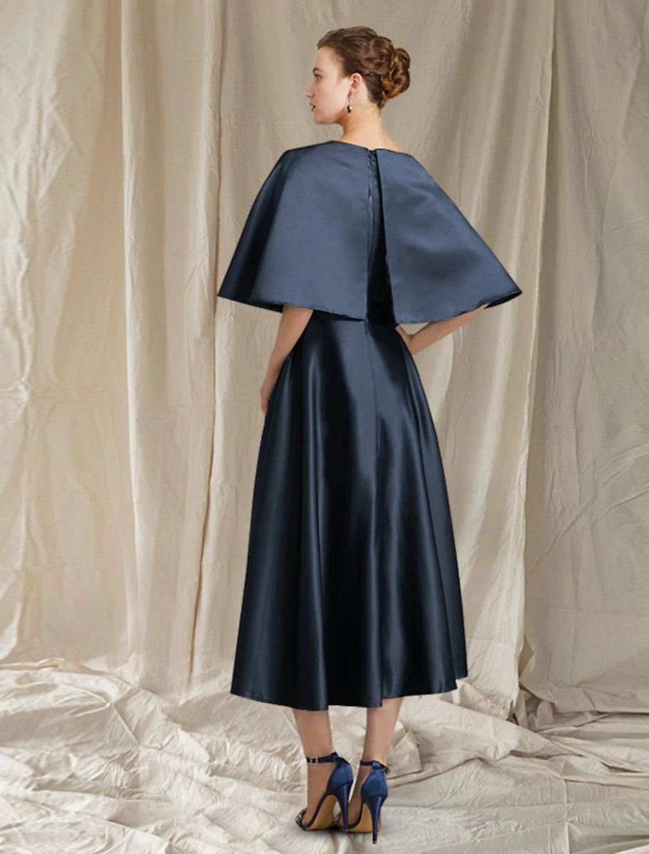 NumberSea - A - Line Mother of the Bride Dress Wedding Guest Minimalist Elegant Jewel Neck Tea Length Satin Half Sleeve with Pleats Solid Color
