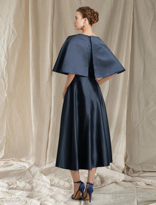 NumberSea - A - Line Mother of the Bride Dress Wedding Guest Minimalist Elegant Jewel Neck Tea Length Satin Half Sleeve with Pleats Solid Color