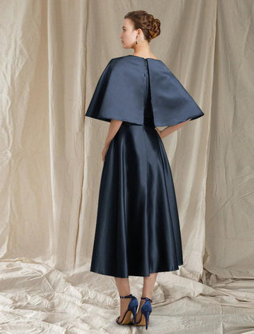 NumberSea - A - Line Mother of the Bride Dress Wedding Guest Minimalist Elegant Jewel Neck Tea Length Satin Half Sleeve with Pleats Solid Color