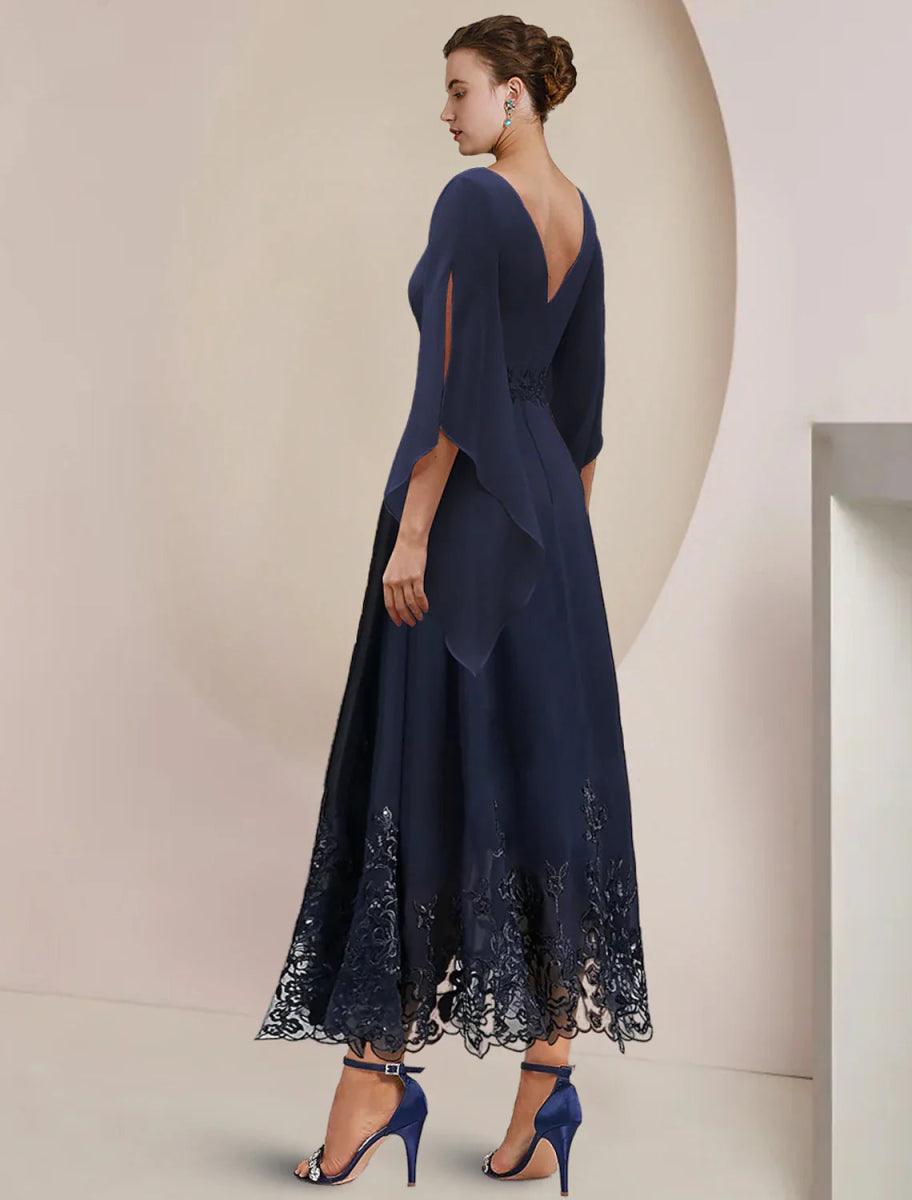 NumberSea - A - Line Mother of the Bride Dress Wedding Guest Party Elegant Scoop Neck Tea Length Chiffon Lace 3/4 Length Sleeve with Appliques