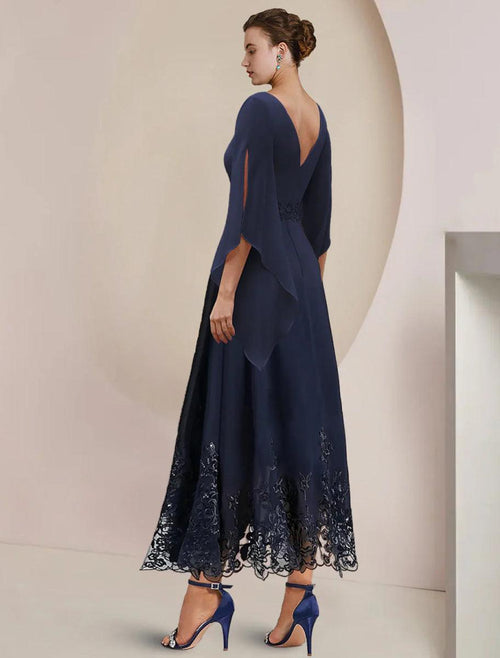NumberSea - A - Line Mother of the Bride Dress Wedding Guest Party Elegant Scoop Neck Tea Length Chiffon Lace 3/4 Length Sleeve with Appliques