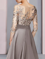 NumberSea - A - Line Mother of the Bride Dress Wedding Guest Party Elegant Scoop Neck Tea Length Satin Lace Half Sleeve with Bow(s) Appliques