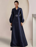 NumberSea - A - Line Mother of the Bride Dress Wedding Guest Party Elegant V Neck Floor Length Satin Long Sleeve with Pearls Crystal Brooch