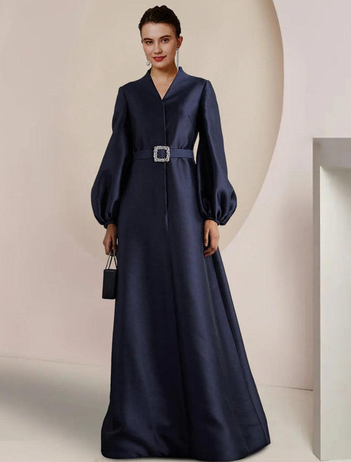 NumberSea - A - Line Mother of the Bride Dress Wedding Guest Party Elegant V Neck Floor Length Satin Long Sleeve with Pearls Crystal Brooch