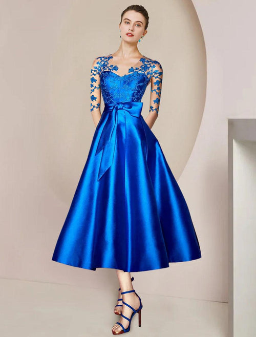 NumberSea - A - Line Mother of the Bride Dress Wedding Guest Party Elegant V Neck Tea Length Satin Lace Half Sleeve with Bow(s) Pleats Appliques