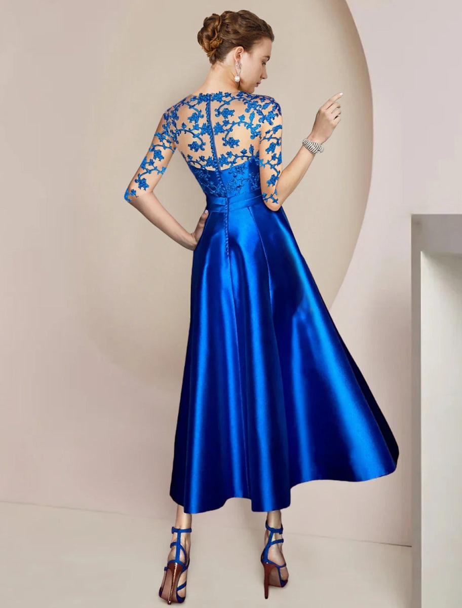 NumberSea - A - Line Mother of the Bride Dress Wedding Guest Party Elegant V Neck Tea Length Satin Lace Half Sleeve with Bow(s) Pleats Appliques