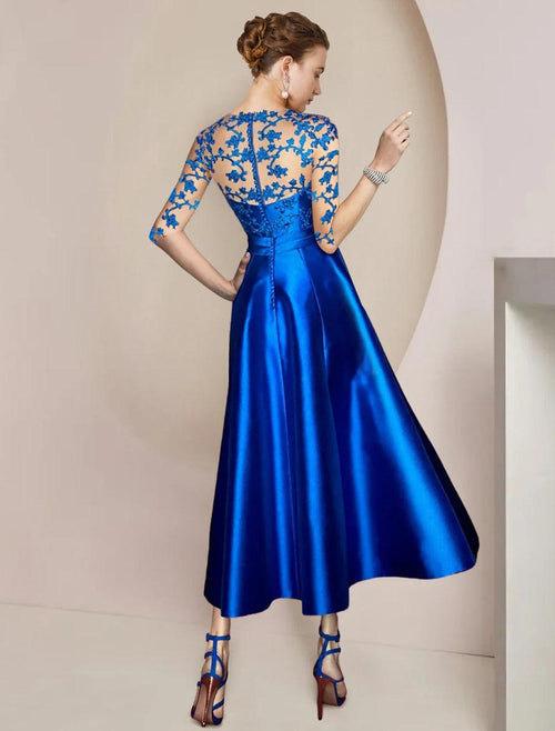 NumberSea - A - Line Mother of the Bride Dress Wedding Guest Party Elegant V Neck Tea Length Satin Lace Half Sleeve with Bow(s) Pleats Appliques