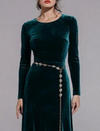 NumberSea - A - Line Mother of the Bride Dress Wedding Guest Simple Elegant Jewel Neck Floor Length Velvet Long Sleeve No with Sash / Ribbon Solid Color