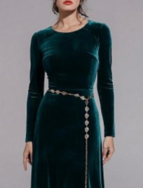 NumberSea - A - Line Mother of the Bride Dress Wedding Guest Simple Elegant Jewel Neck Floor Length Velvet Long Sleeve No with Sash / Ribbon Solid Color