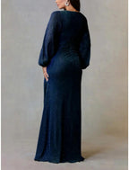 NumberSea - A - Line Mother of the Bride Dress Wedding Guest Simple Elegant V Neck Floor Length Chiffon Long Sleeve with Ruching Solid Color