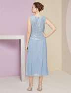 NumberSea - A - Line Mother of the Bride Dress Wedding Guest Sparkle & Shine Petite Scoop Neck Tea Length Chiffon Sequined 3/4 Length Sleeve with Pleats Sequin Solid Color