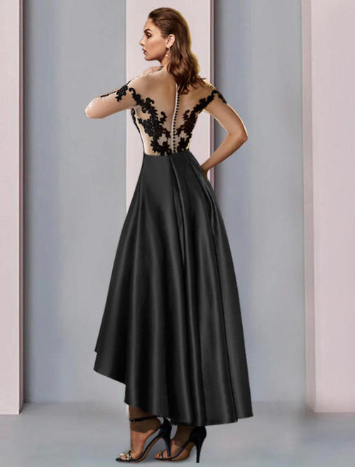 NumberSea - A - Line Mother of the Bride Dress Wedding Guest Vintage Elegant Illusion Neck Asymmetrical Satin Lace Half Sleeve with Pleats