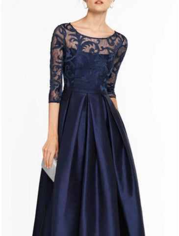 NumberSea - A - Line Mother of the Bride Dress Wedding Guest Vintage Elegant Jewel Neck Floor Length Satin Lace 3/4 Length Sleeve with Pleats Solid Color