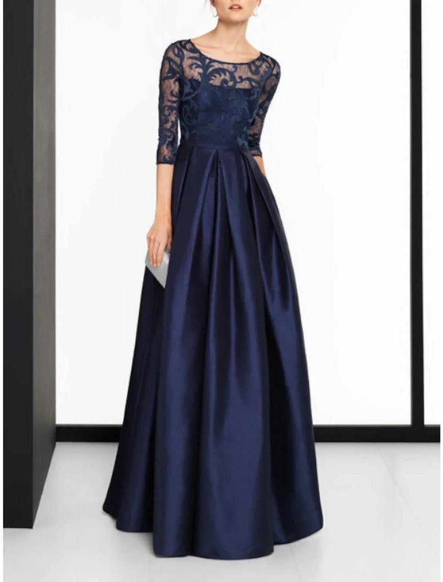 NumberSea - A - Line Mother of the Bride Dress Wedding Guest Vintage Elegant Jewel Neck Floor Length Satin Lace 3/4 Length Sleeve with Pleats Solid Color