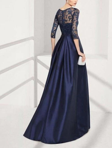 NumberSea - A - Line Mother of the Bride Dress Wedding Guest Vintage Elegant Jewel Neck Floor Length Satin Lace 3/4 Length Sleeve with Pleats Solid Color