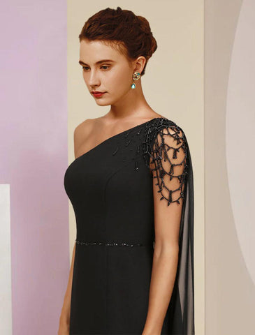 NumberSea - A - Line Mother of the Bride Dress Wedding Guest Vintage Elegant One Shoulder Floor Length Tea Length Chiffon Sleeveless with Sash / Ribbon Beading