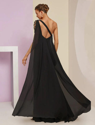 NumberSea - A - Line Mother of the Bride Dress Wedding Guest Vintage Elegant One Shoulder Floor Length Tea Length Chiffon Sleeveless with Sash / Ribbon Beading