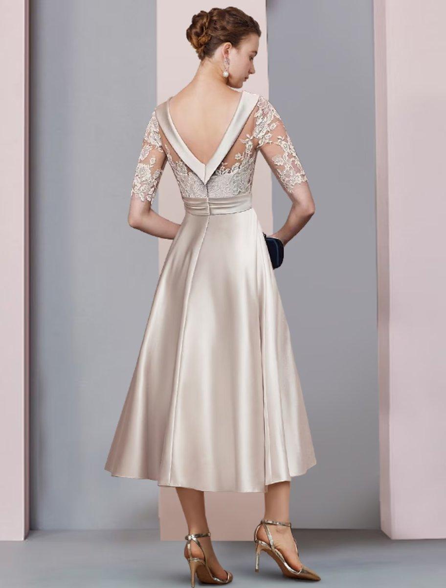 NumberSea-A-Line Mother of the Bride Dress Wedding Guest Vintage Elegant Scoop Neck Tea Length Satin Lace Half Sleeve with Ruched Appliques